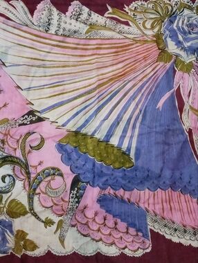 Vintage Silk Crepe Hand Screened Scarf Burgandy Pink Purple Floral